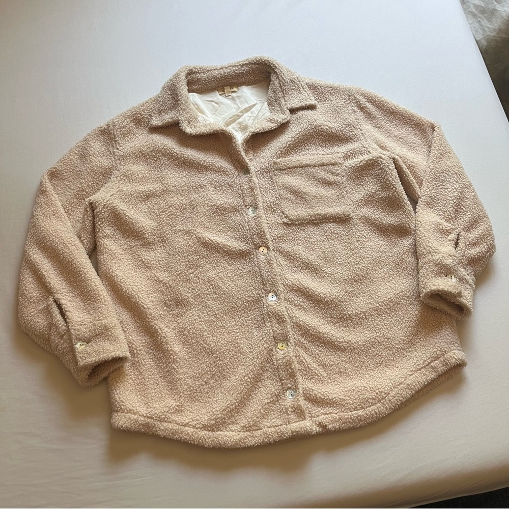 DONNI. cream ivory faux shearling fuzzy teddy boxy shell button up jacket